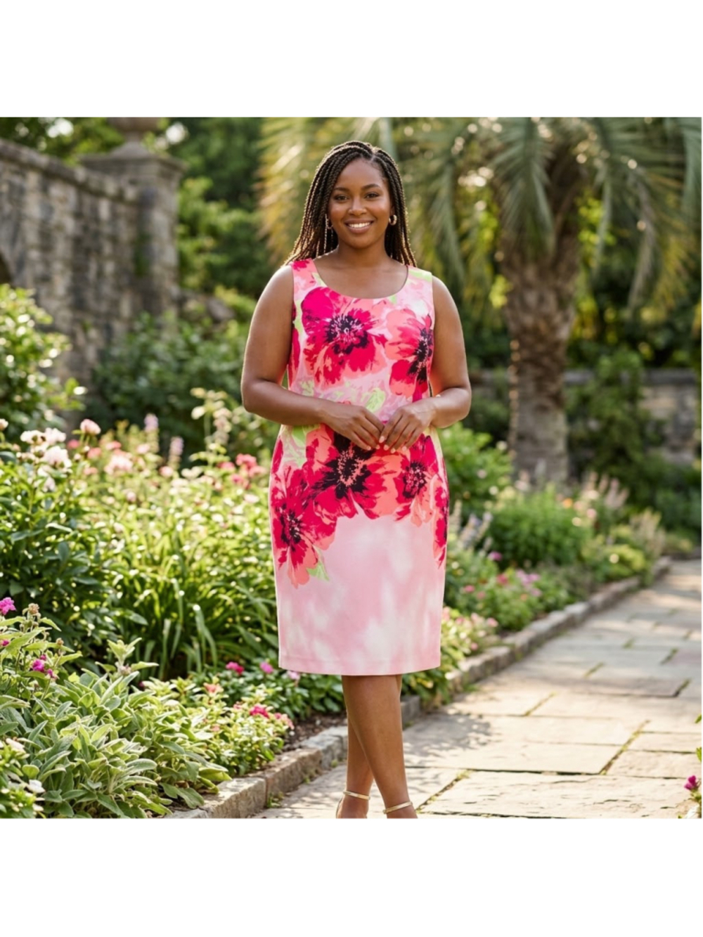 Maya Brooke Women's Pink Poppy Floral Midi Sleeveless Dress Plus Size 22W